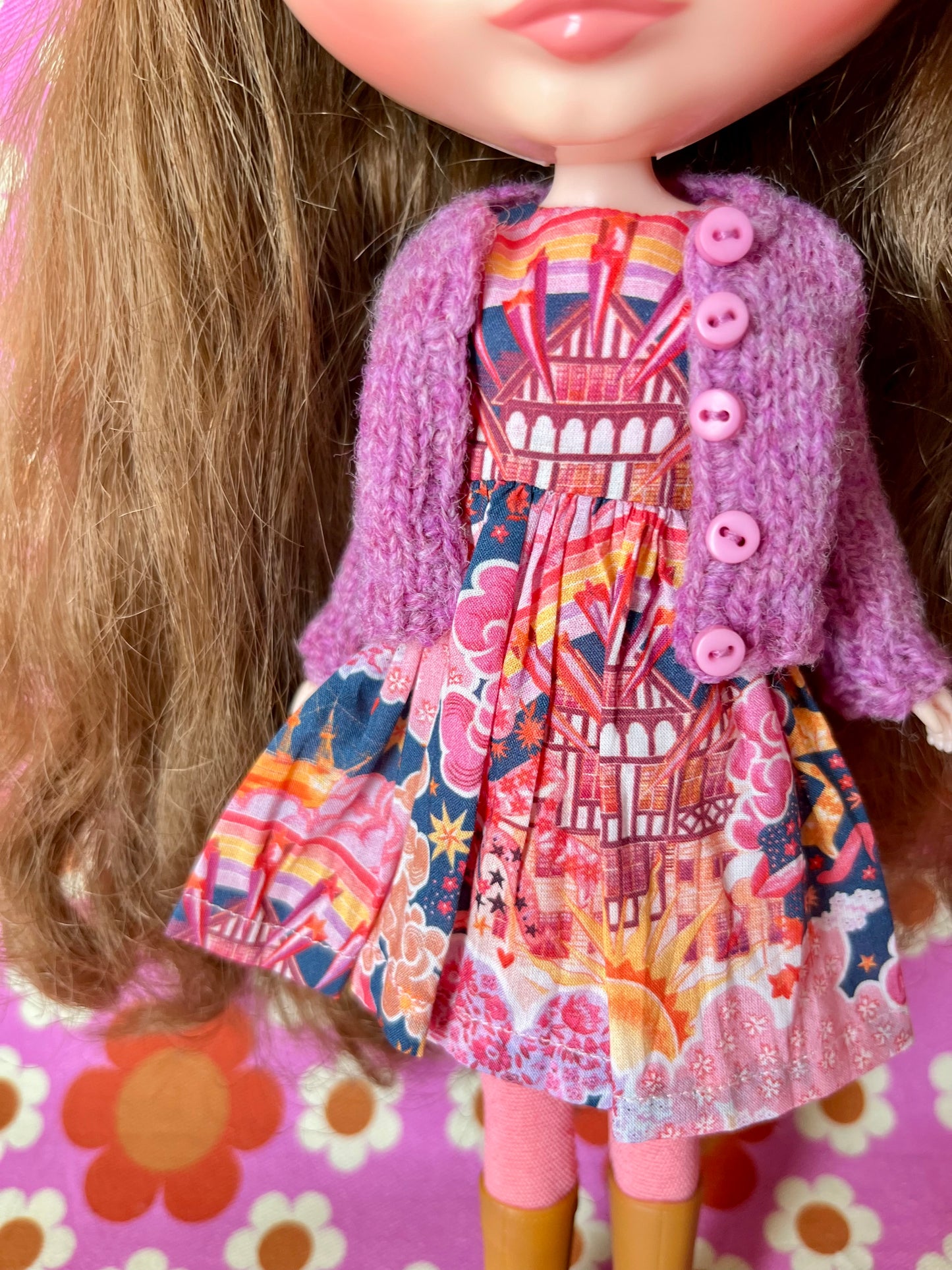 Pink Liberty Cap Sleeve Dress & Knitted Cardigan for Blythe Doll