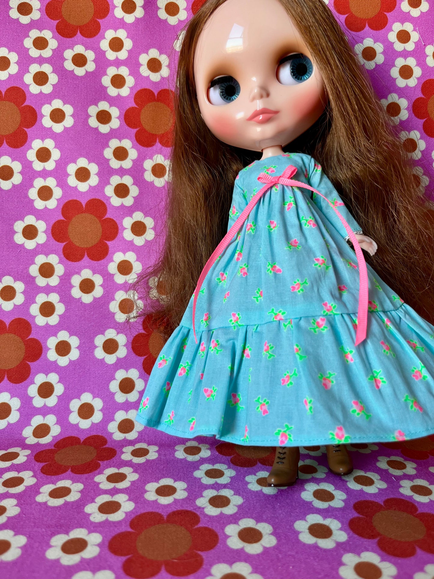 Long Neon Rosebud Print Dress for Blythe Doll