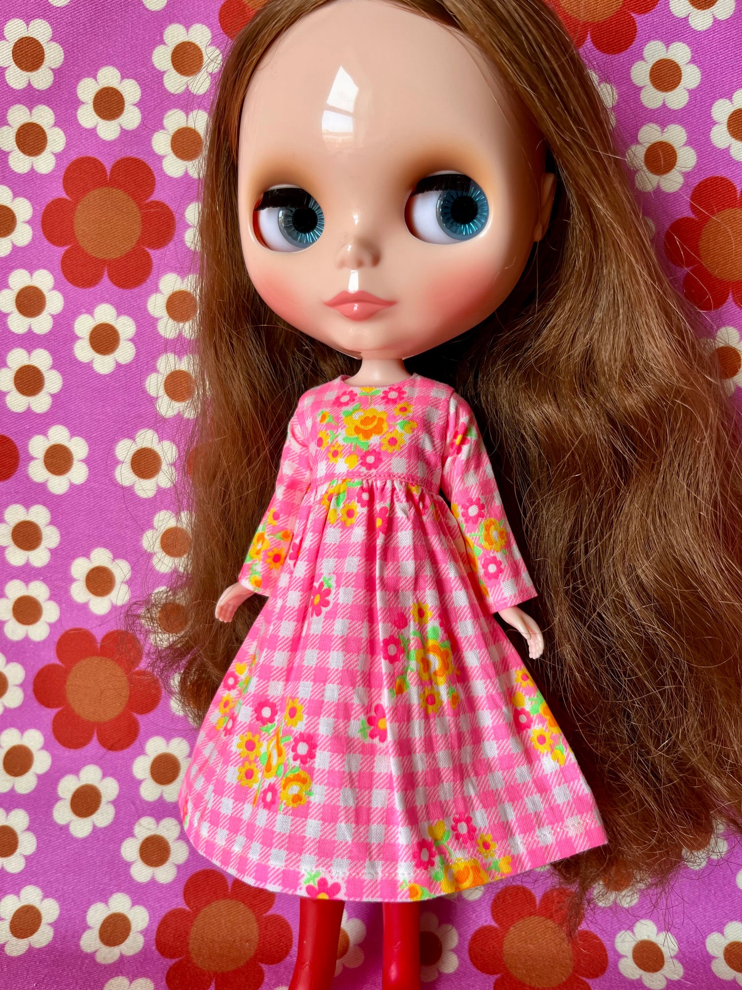 Pink Gingham Long Sleeve Dress for Blythe Doll