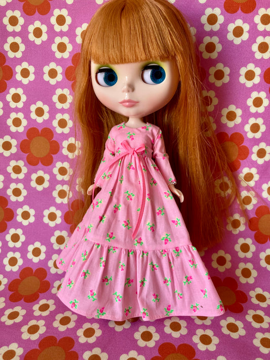 Pink Long Neon Rosebud Print Dress for Blythe Doll