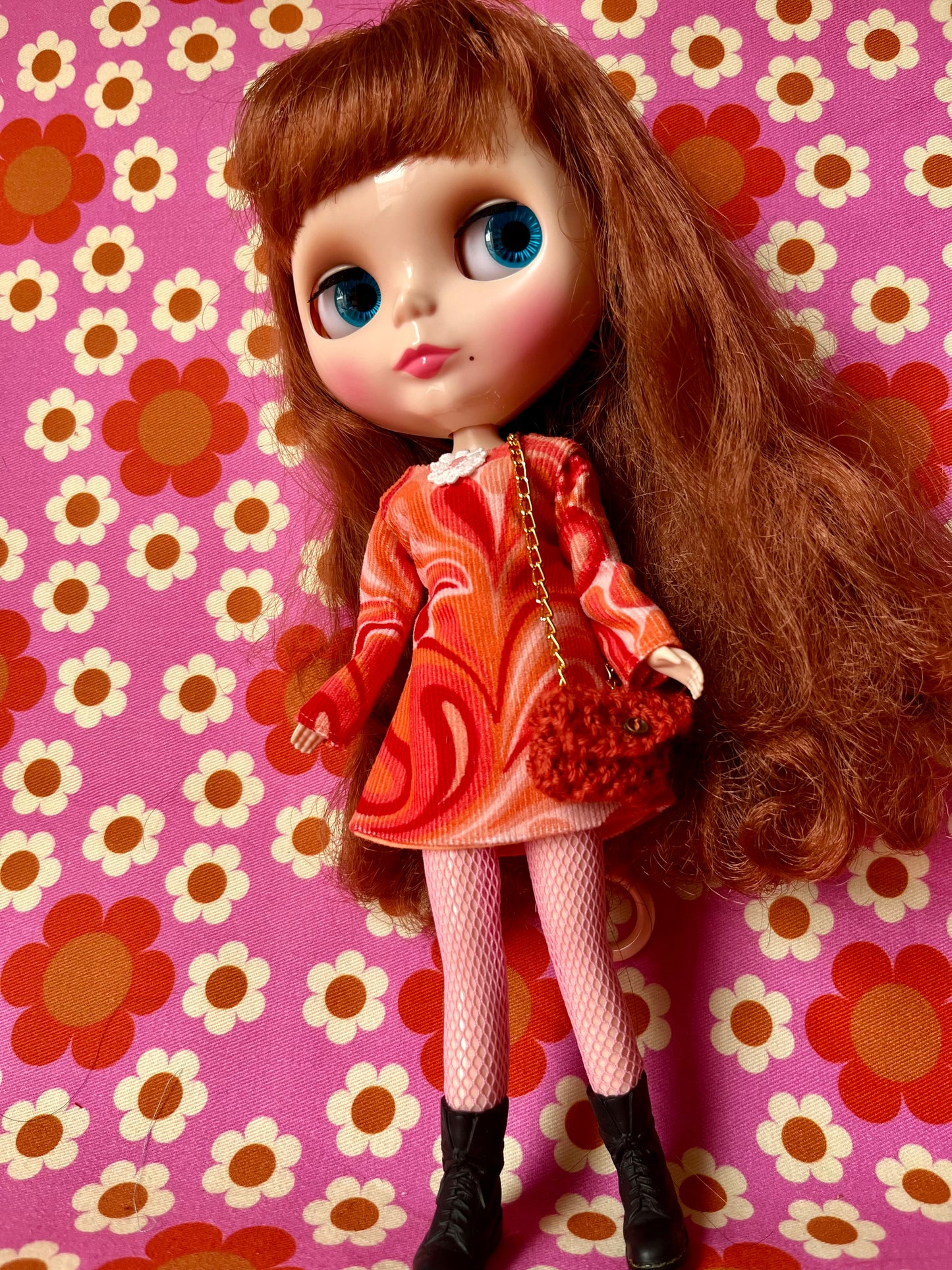 Psychedelic Corduroy Shift dress with sleeves & Bag which opens