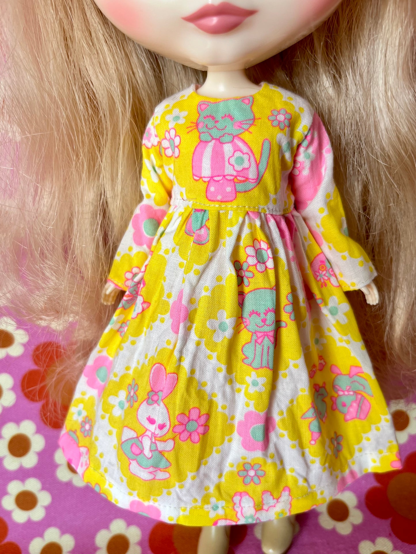 Yellow  Neon Cat Long Sleeve Dress for Blythe Doll