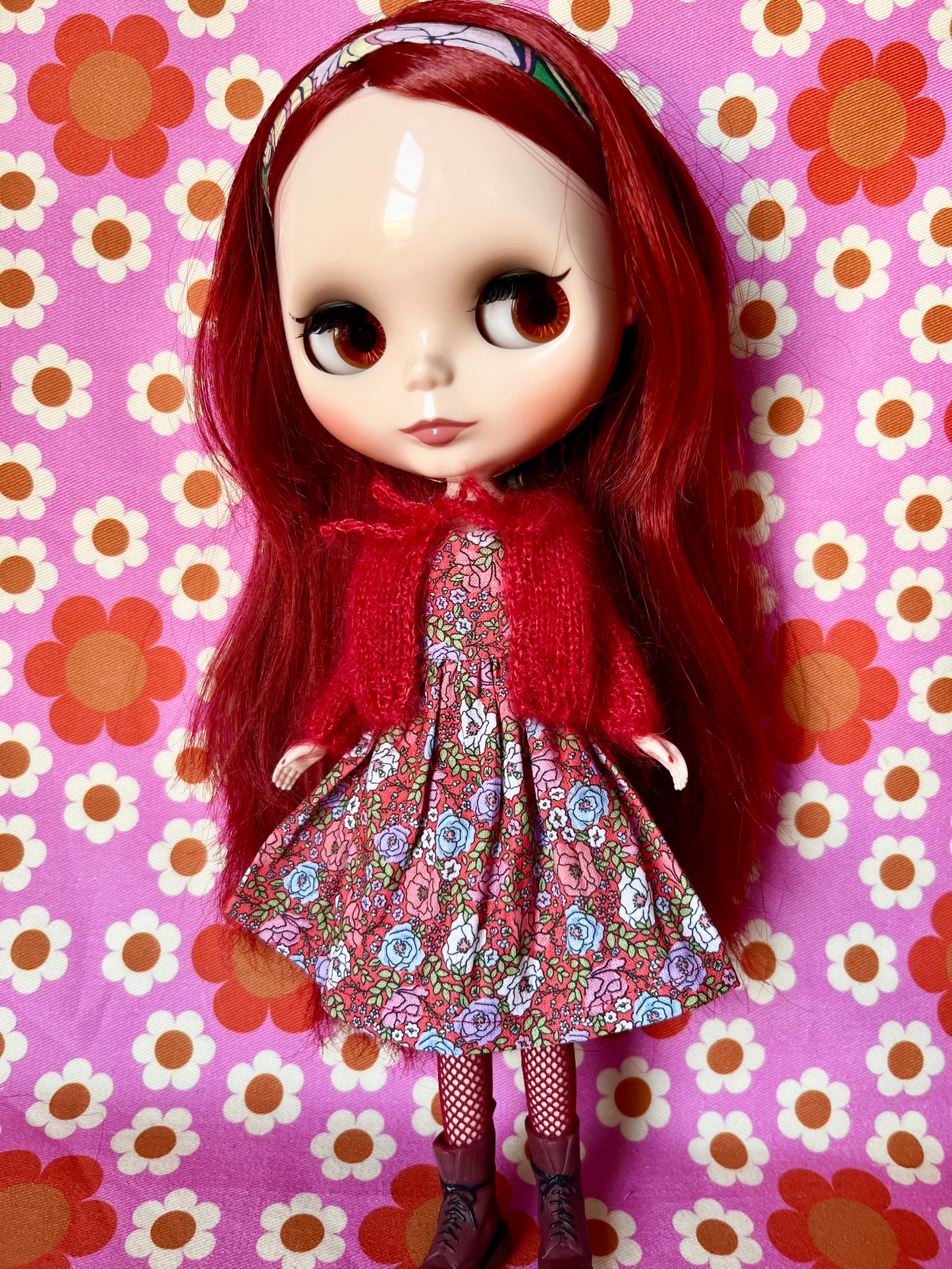 Red Ditsy Print Dress & Reversible Mohair Cardigan for Blythe Doll