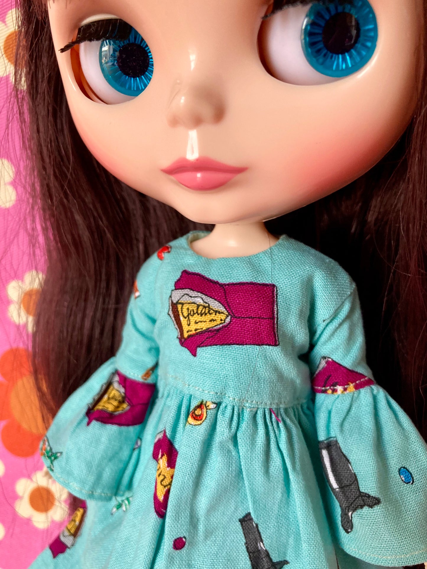 Chocolate Wonka Bar Long Frill Sleeve  dress for Blythe Doll