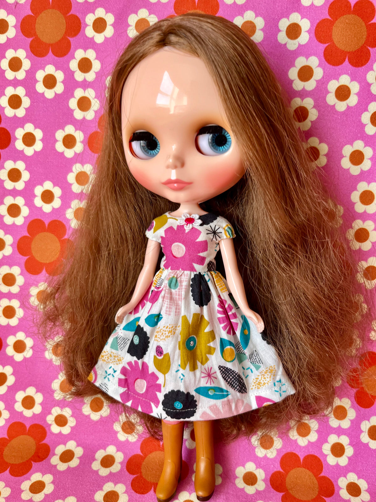 Mod Floral Daisy Summer Cap Sleeve Dress for Blythe Doll