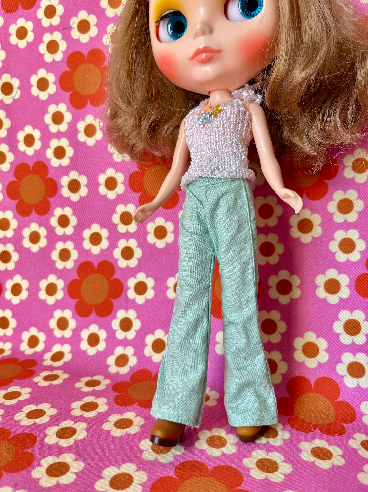 Mint Green Glitter Sparkle Flared Jeans Trousers for Blythe Doll Limited!