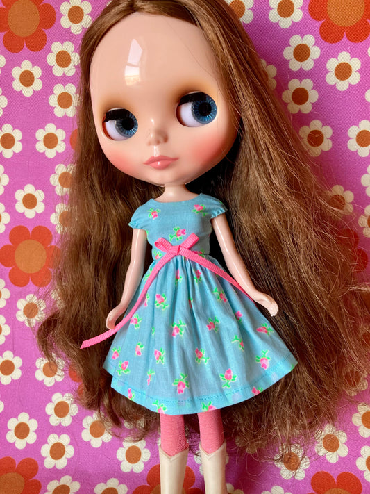 Blue Rosebud Cap Sleeve Dress for Blythe Doll