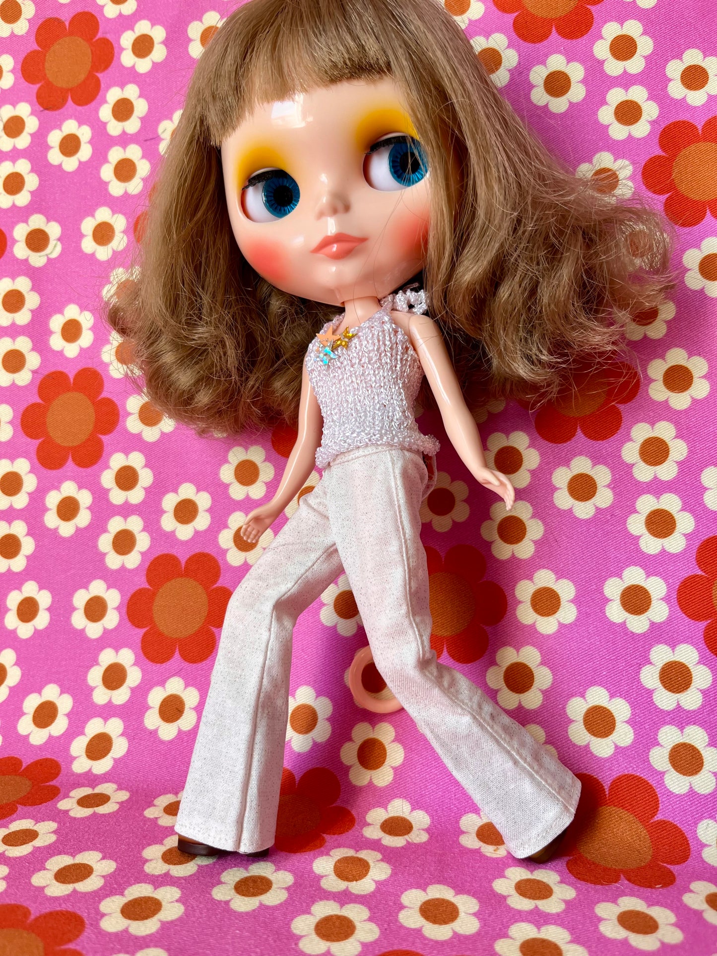 Cream Glitter Sparkle Flared Jeans Trousers for Blythe Doll Limited!