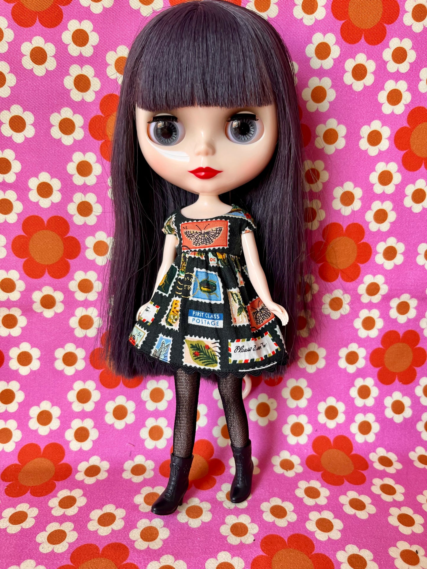 Black Postage Stamp Baby Doll Dress for Blythe Doll