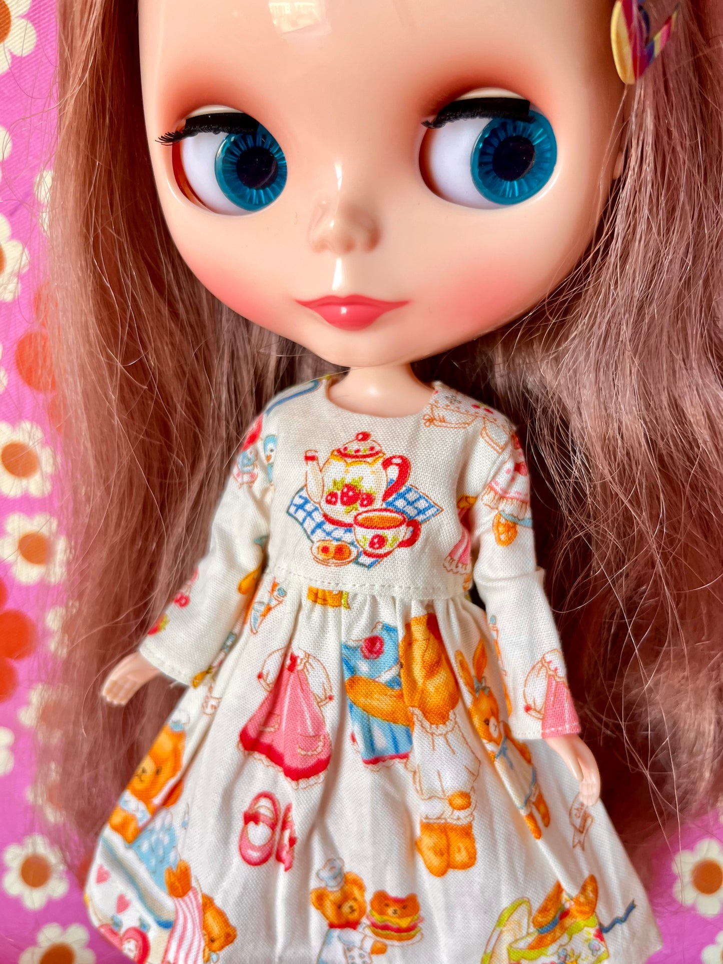 Cream Teddy Picnic Dress for Blythe Doll