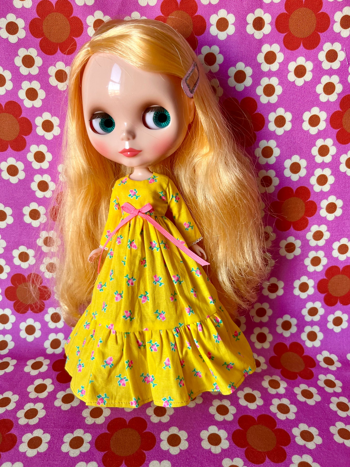 Long Neon Rosebud Print Dress for Blythe Doll