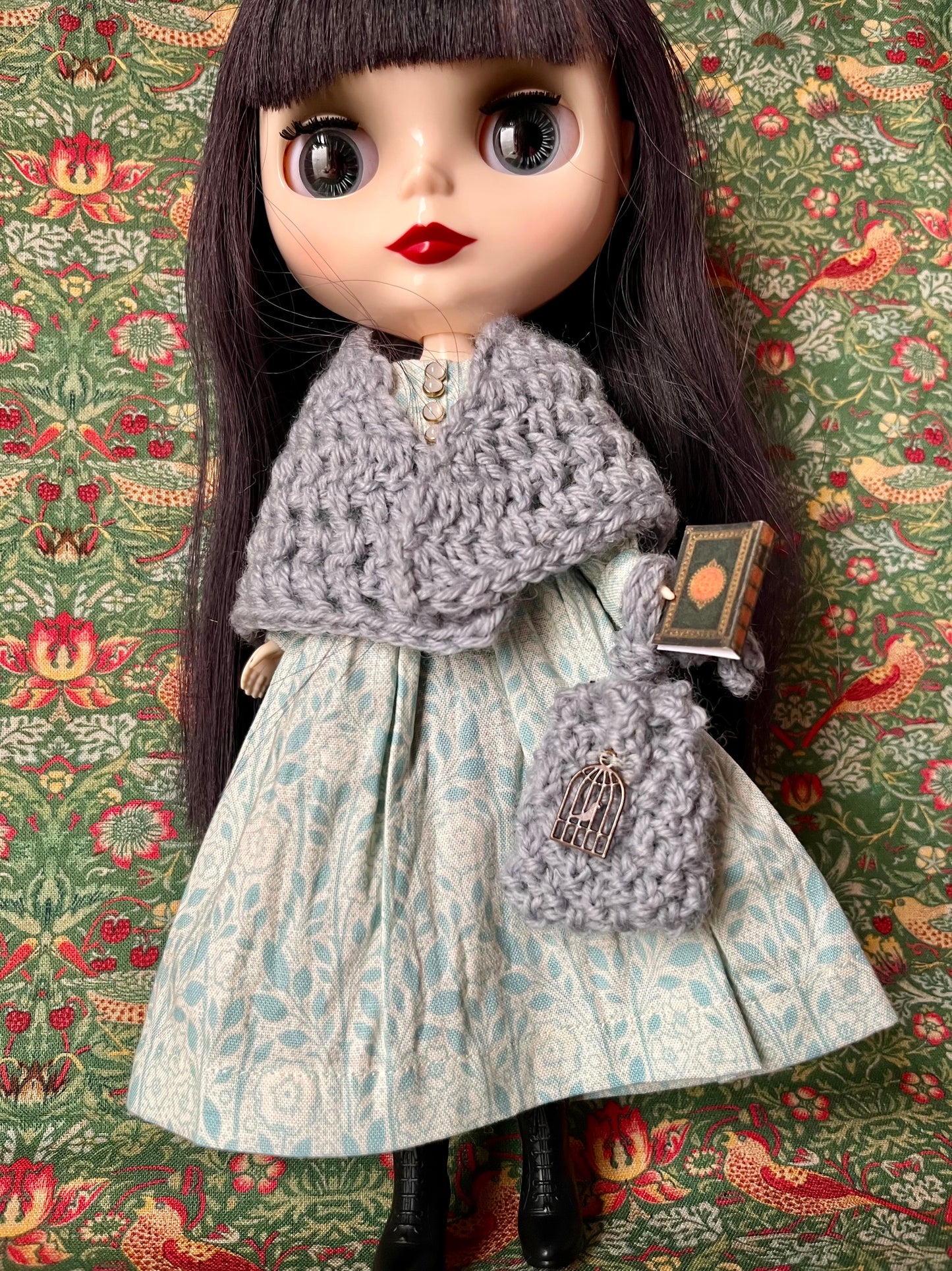 Brontë Sisters Inspired Dress with Shawl, bag & miniature book for Blythe Doll