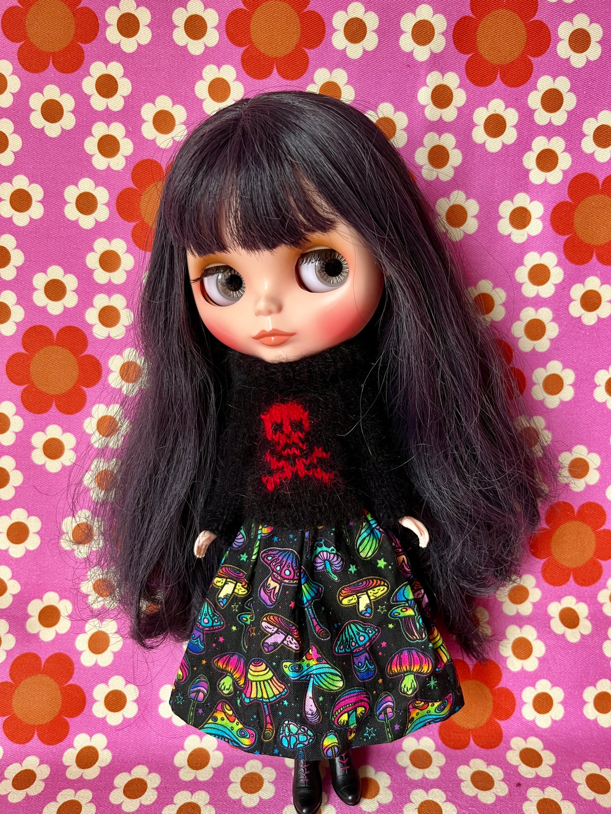 Halloween Fluffy Black Sweater Red Skull