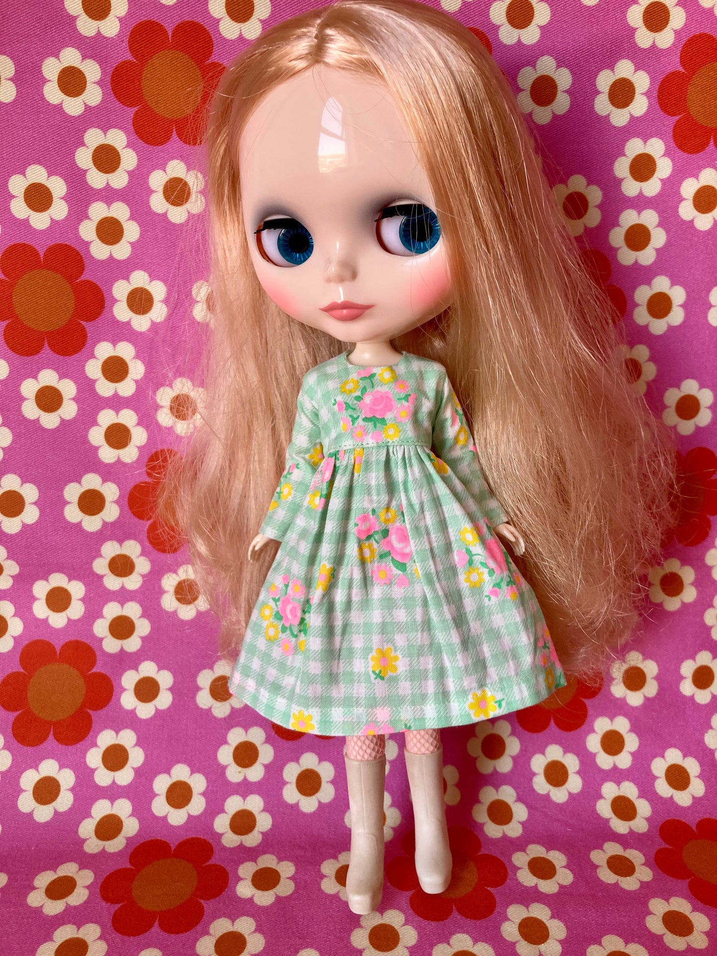 Green Gingham Long Sleeve Dress for Blythe Doll
