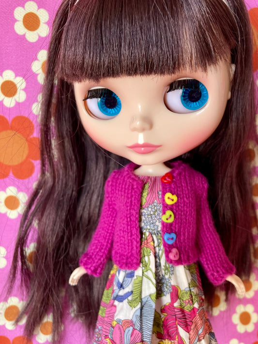 Knitted Cardigan with Rainbow Buttons for Blythe Doll.