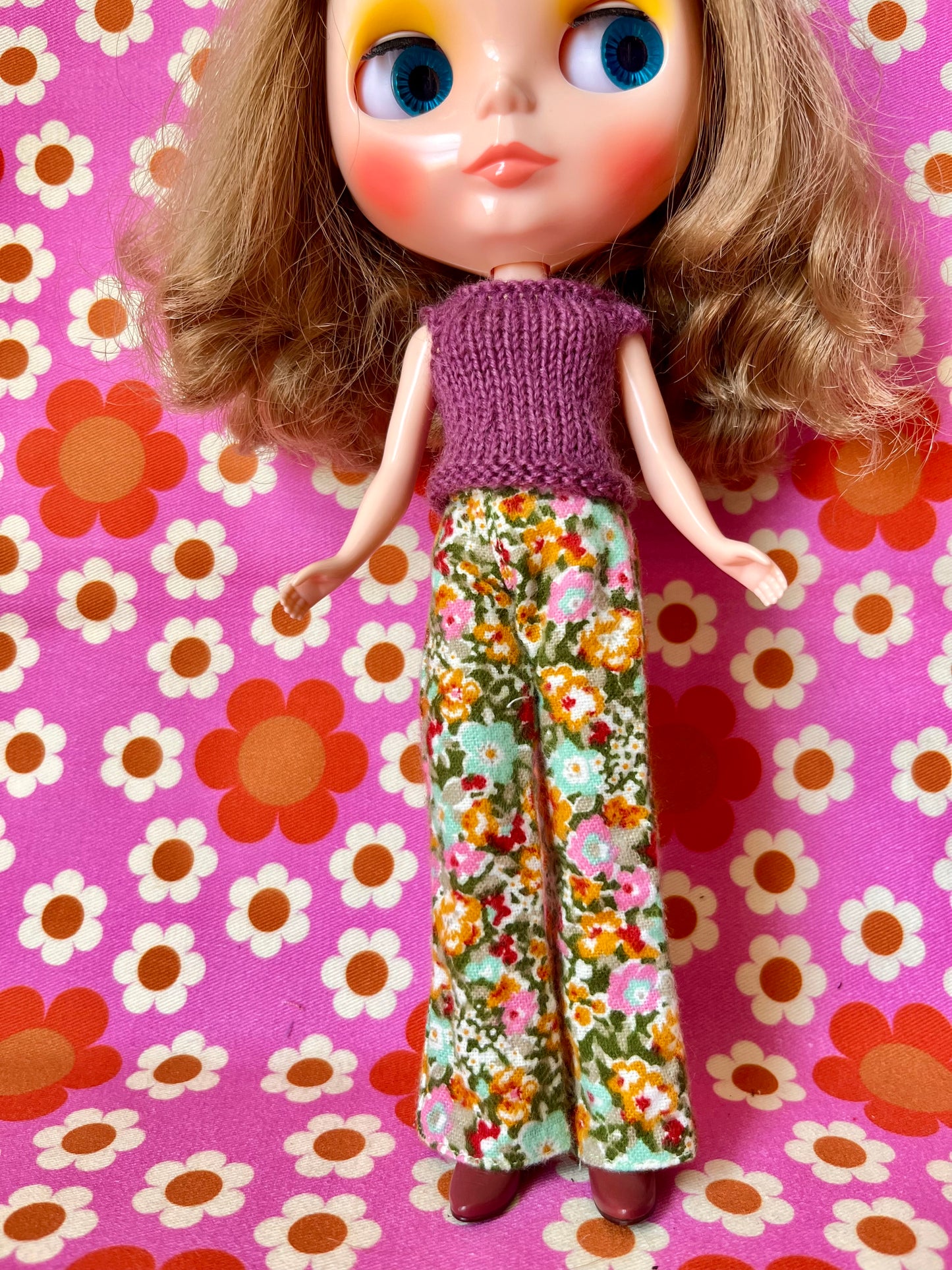 Green floral Flared Jeans Brushed Cotton Trousers for Blythe Doll