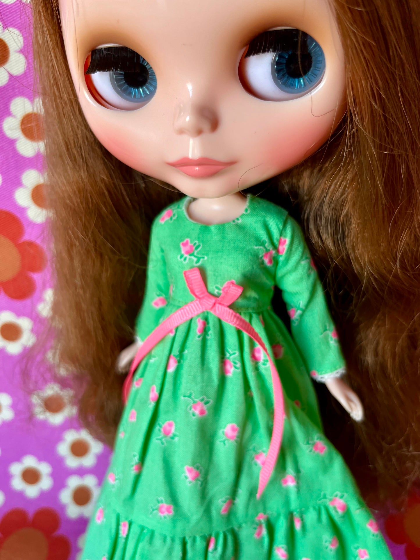 Long Neon Rosebud Print Dress for Blythe Doll