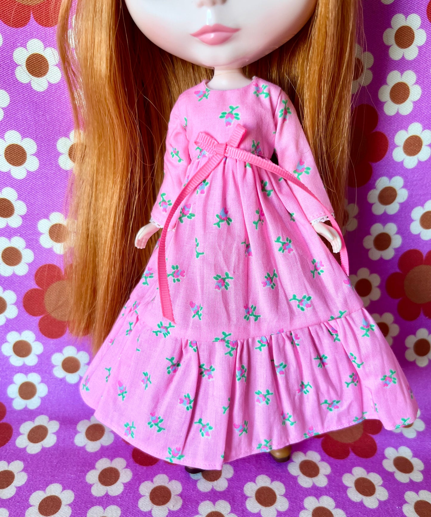 Long Neon Rosebud Print Dress for Blythe Doll