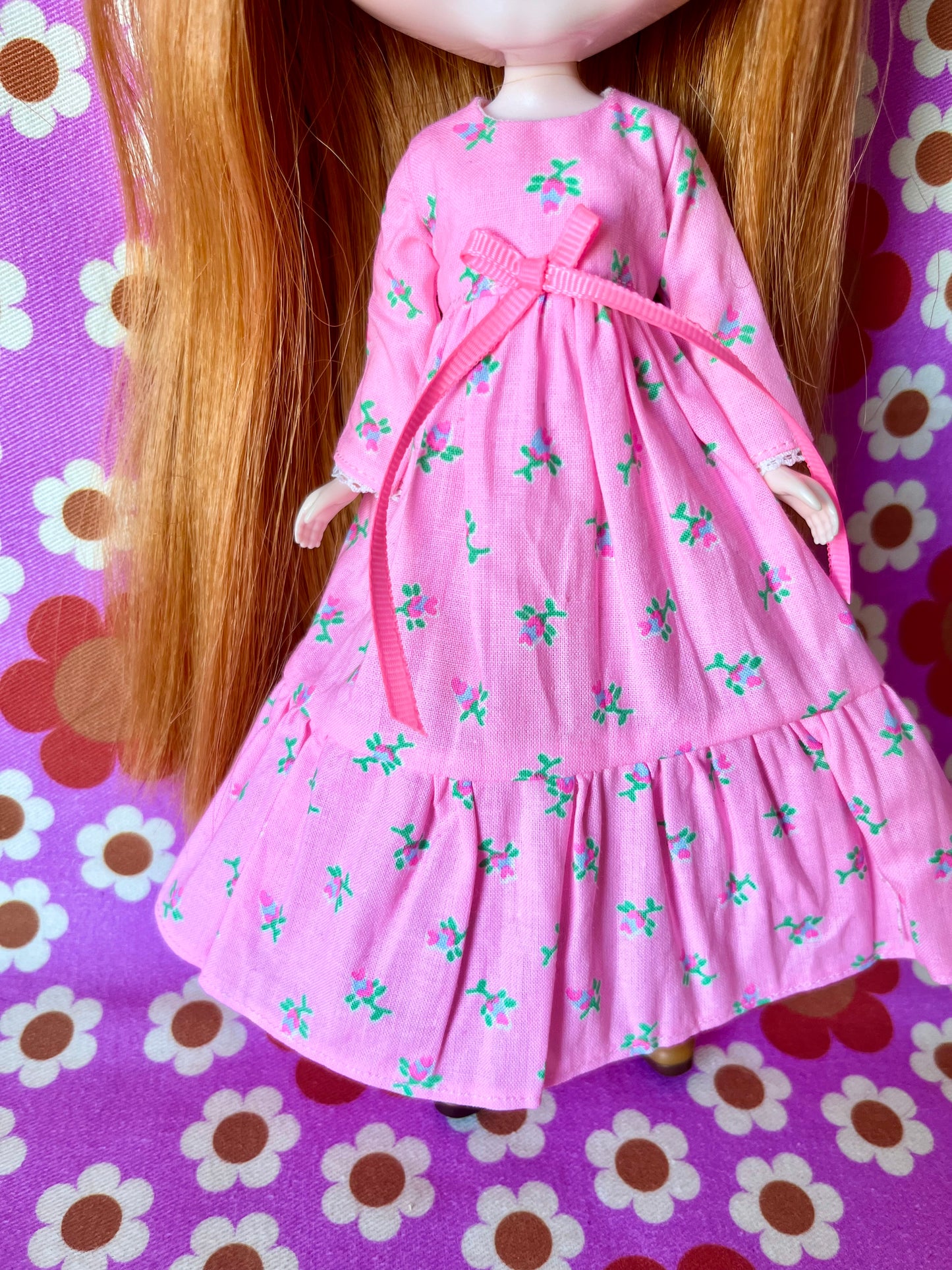 Long Neon Rosebud Print Dress for Blythe Doll