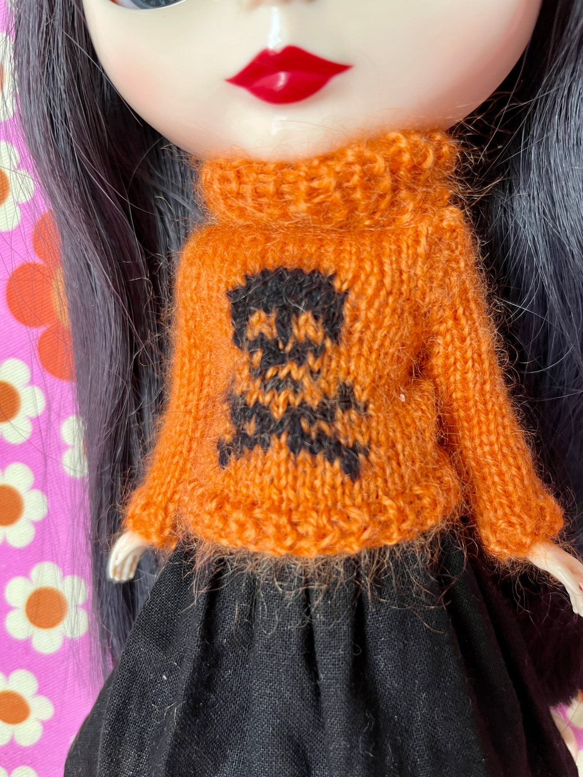 Halloween Fluffy Orange Sweater Black Skull