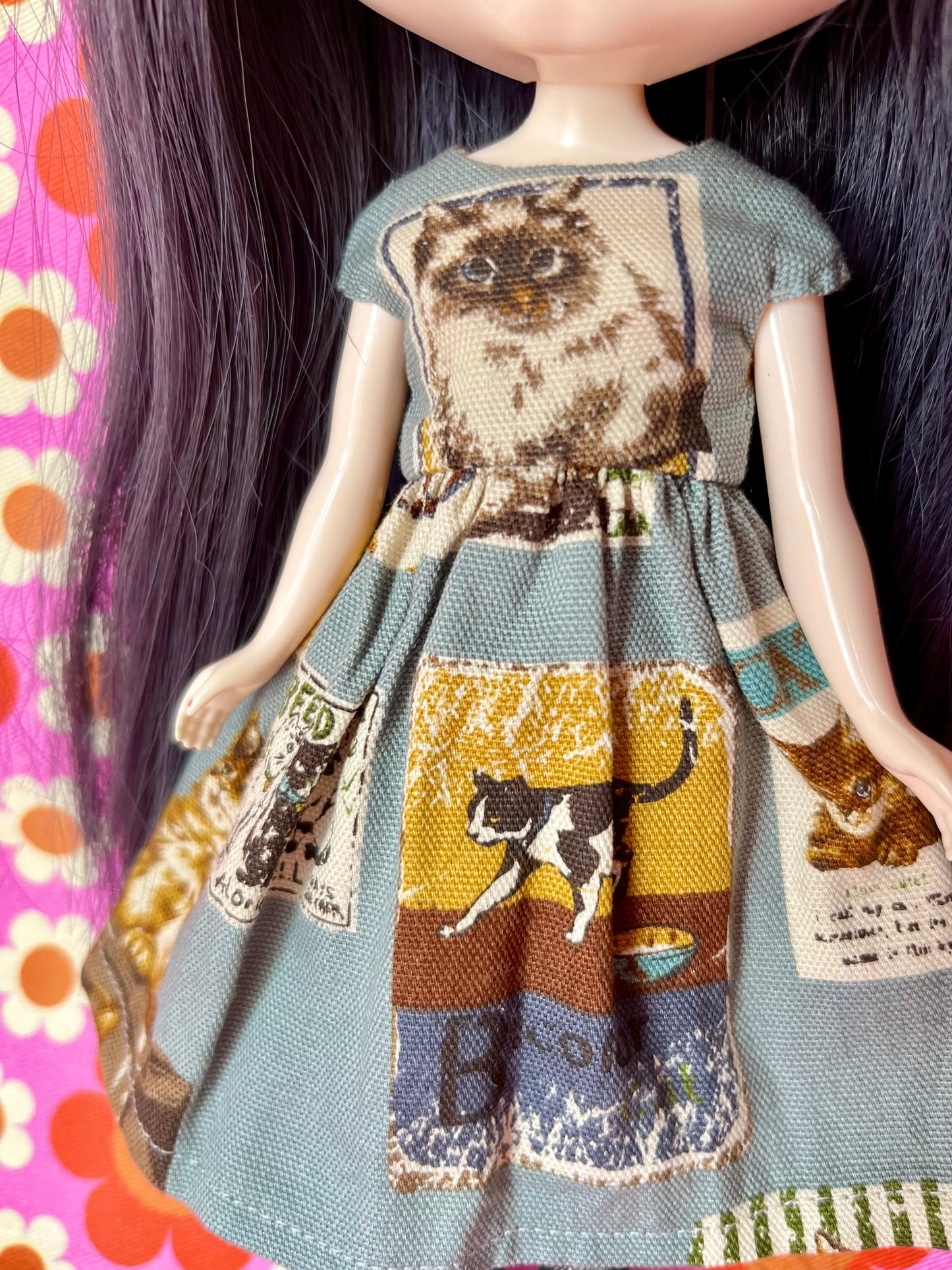 Cats Summer Cap Sleeve Dress for Blythe Doll