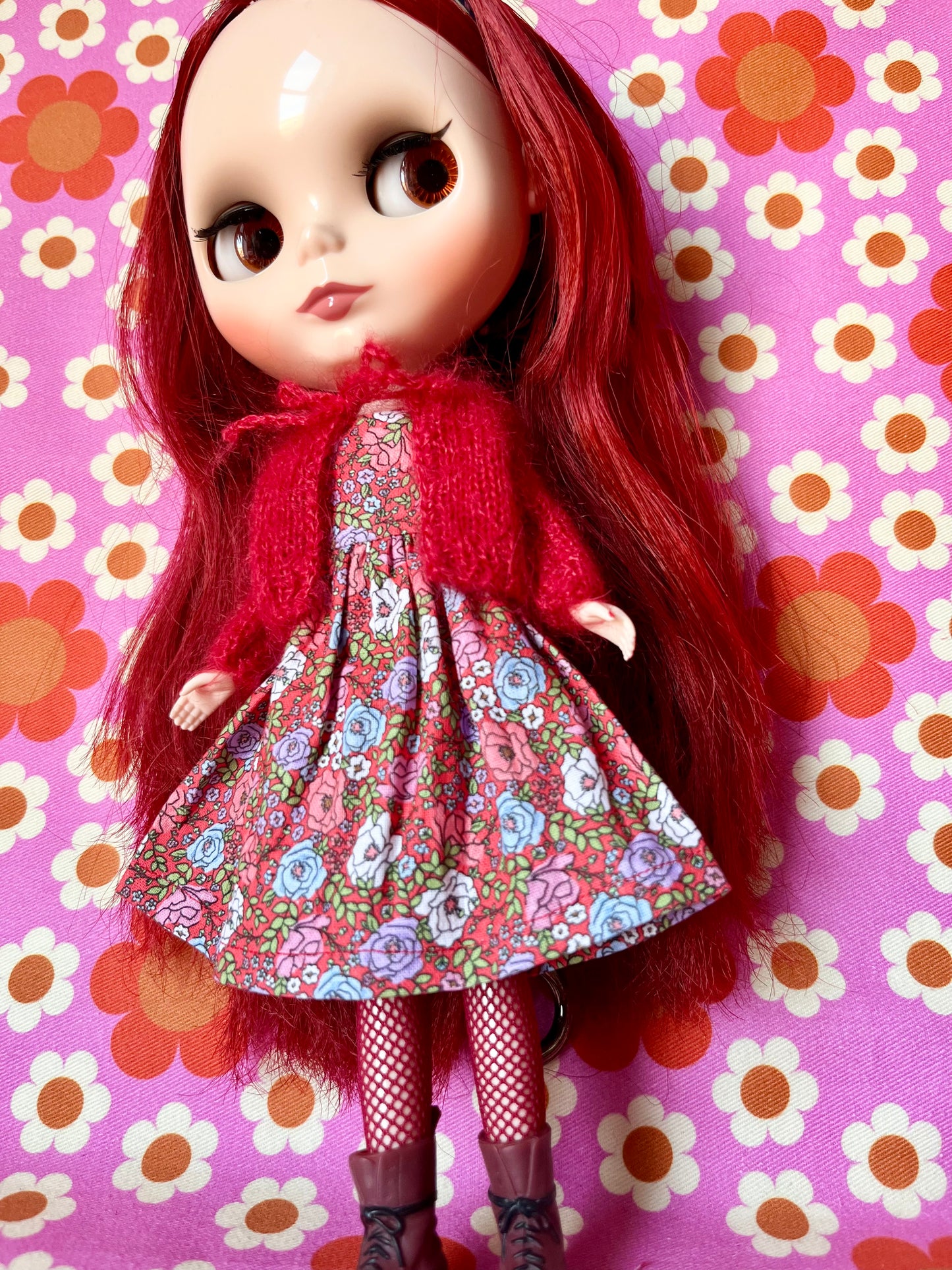 Red Ditsy Print Dress & Reversible Mohair Cardigan for Blythe Doll