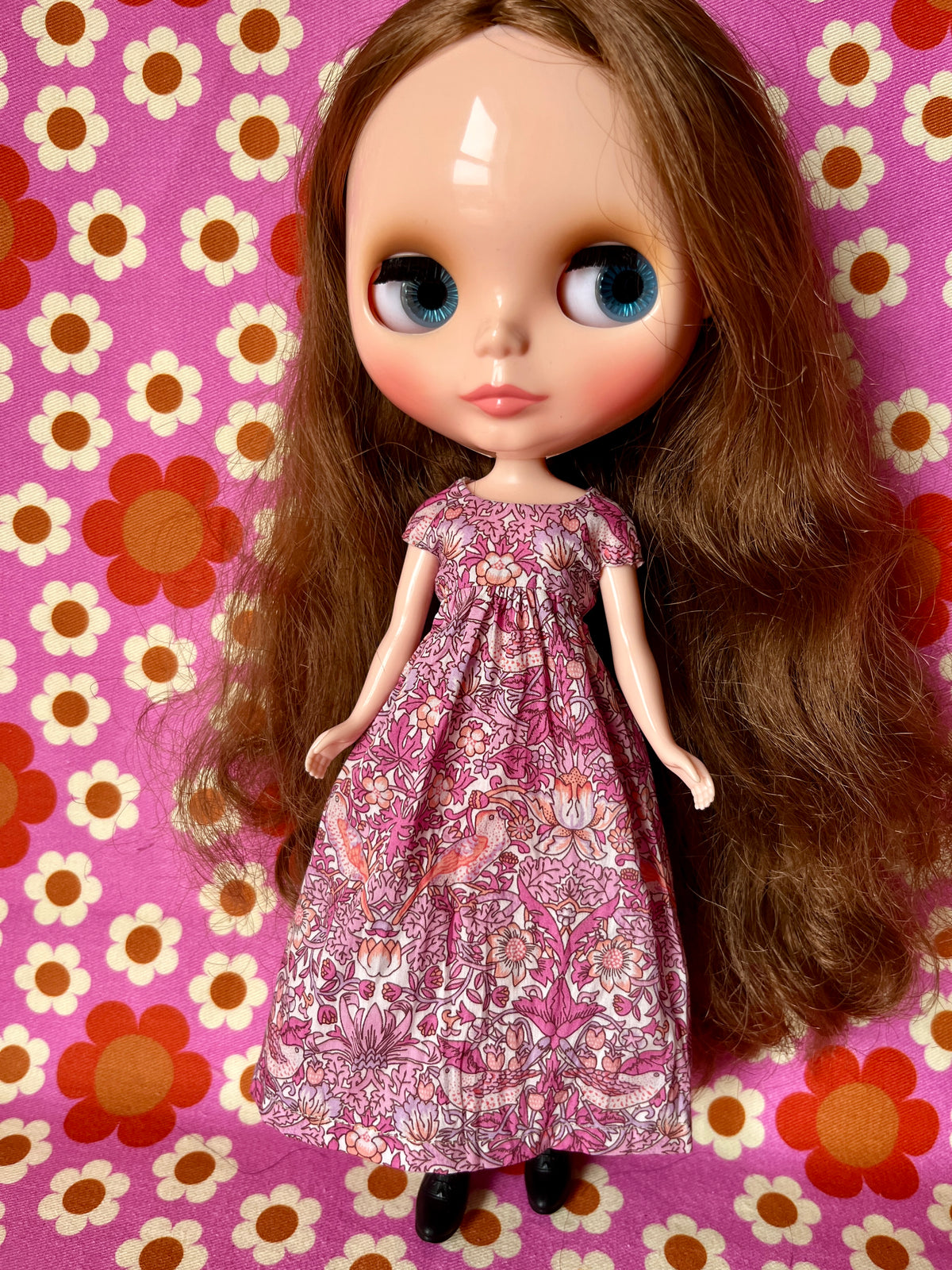 Goth Austen Liberty Regency Dress for Blythe Doll Strawberry Thief Pink