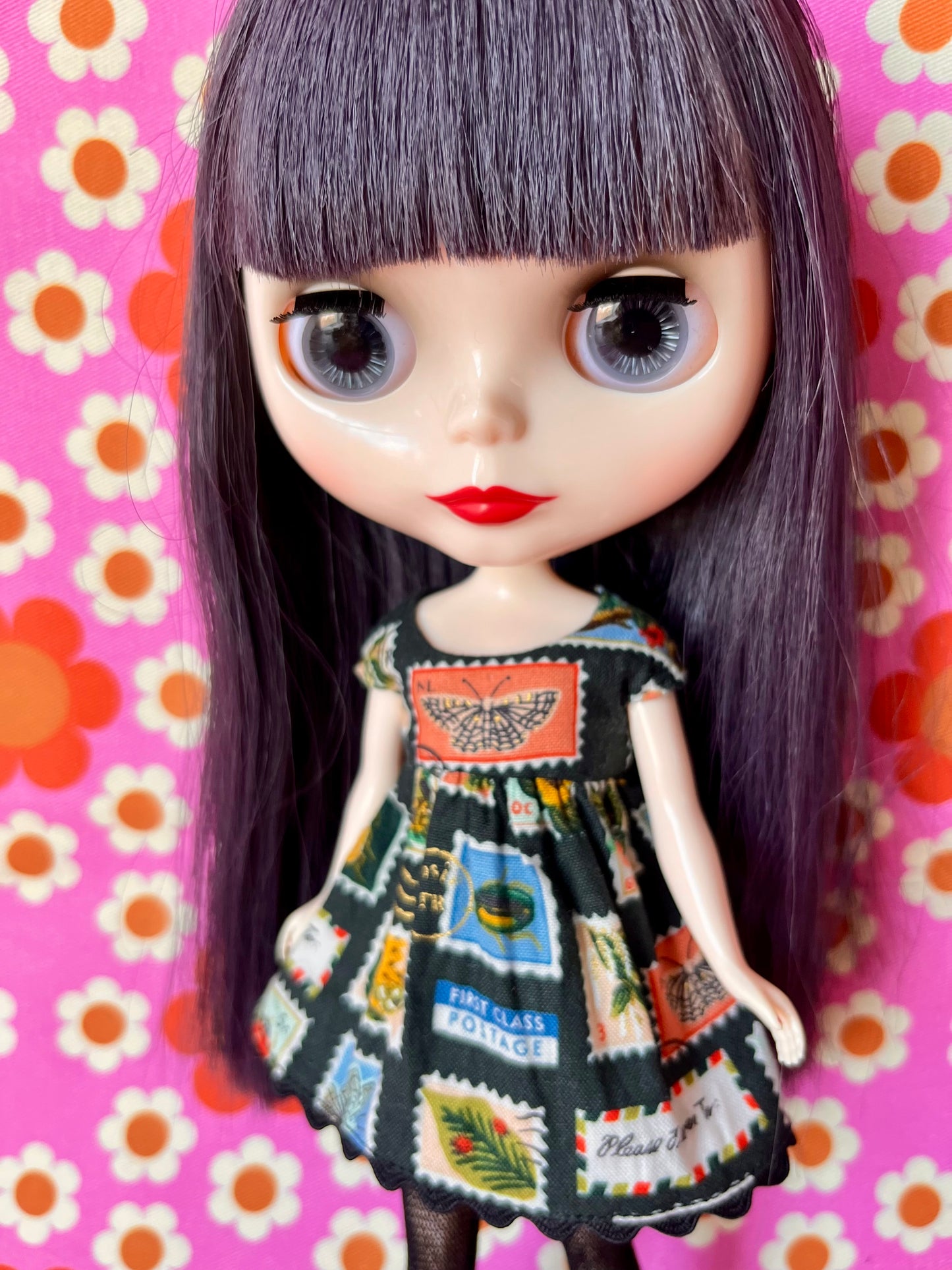 Black Postage Stamp Baby Doll Dress for Blythe Doll