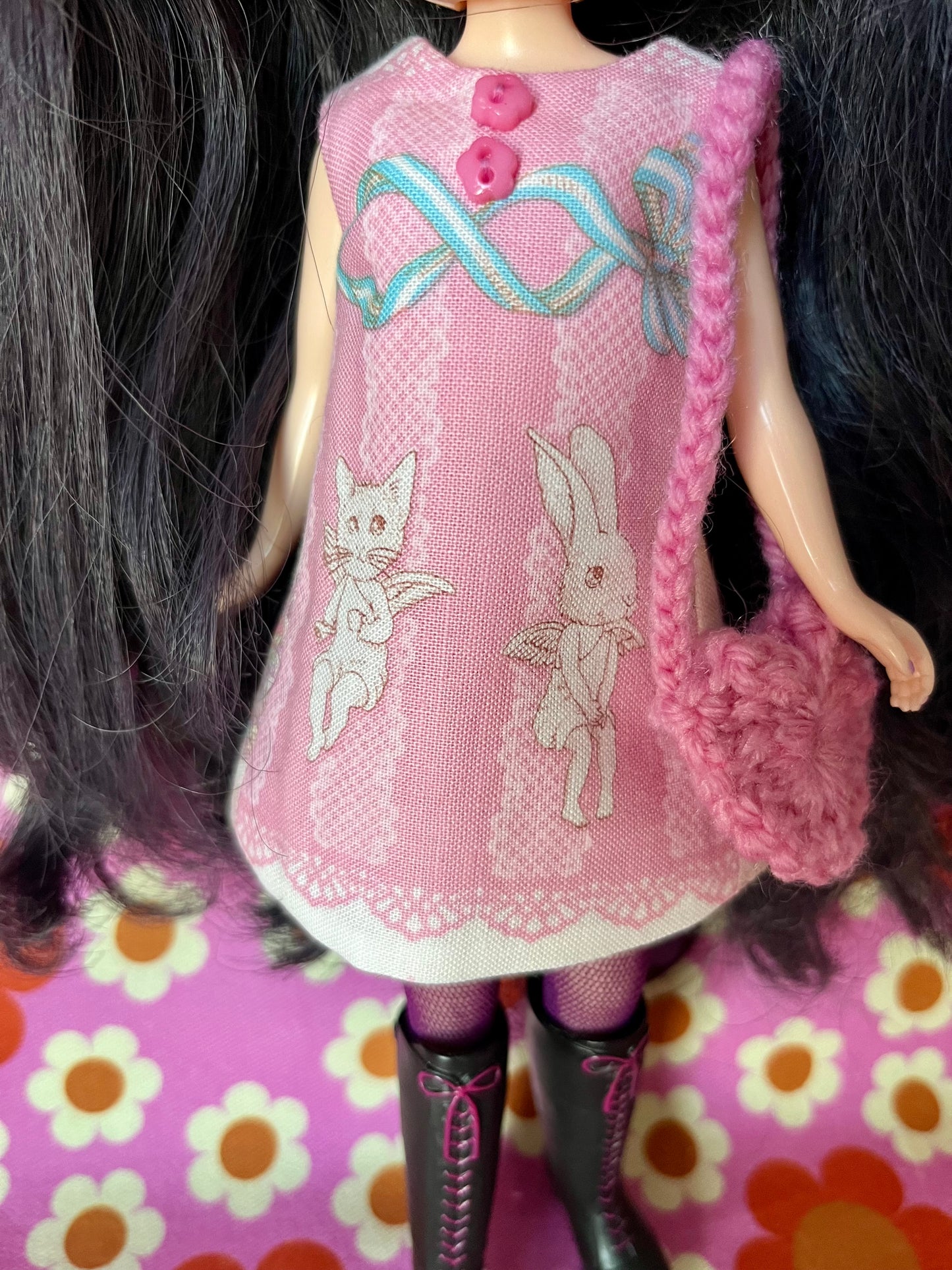 Valentine Pink Joli Fleur Cat & Bunny Sleeveless Shift dress & Bag