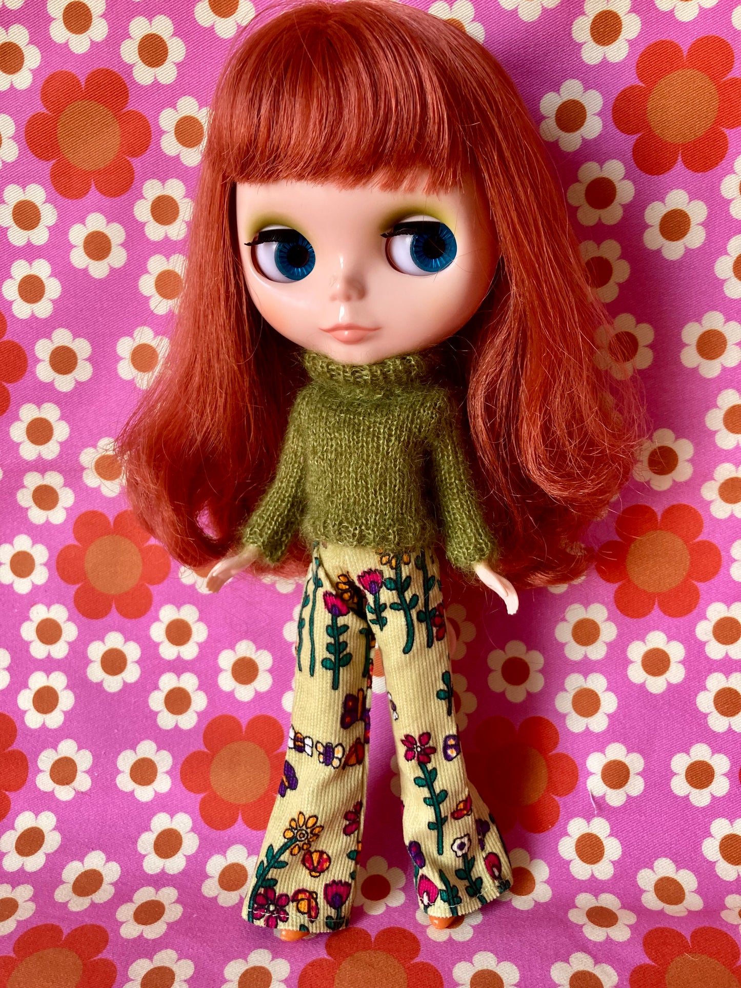 Retro print Corduroy Flared Trousers & Mohair Sweater Set for Blythe Doll