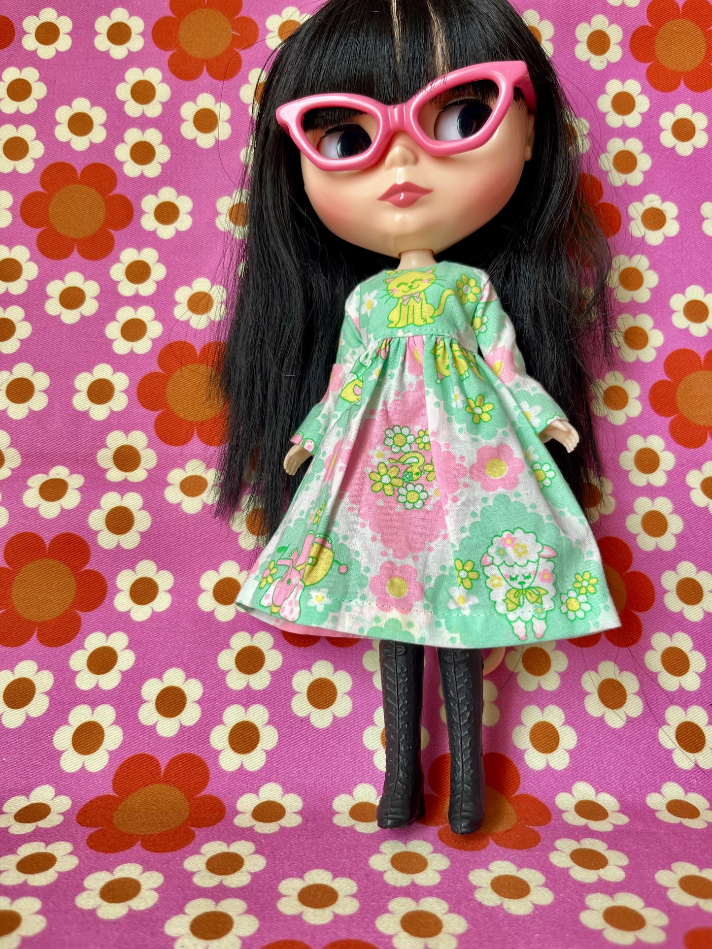 Green Neon Cat Long Sleeve Dress for Blythe Doll