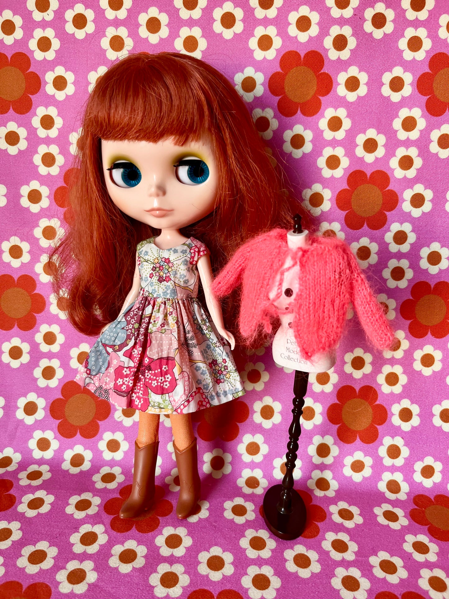 Liberty Print Dress & Reversible Mohair Cardigan for Blythe Doll