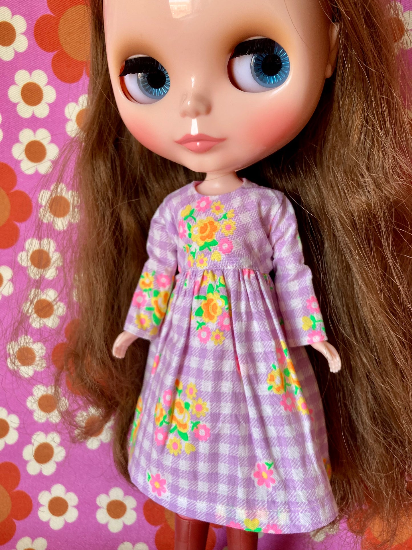 Purple Gingham Long Sleeve Dress for Blythe Doll