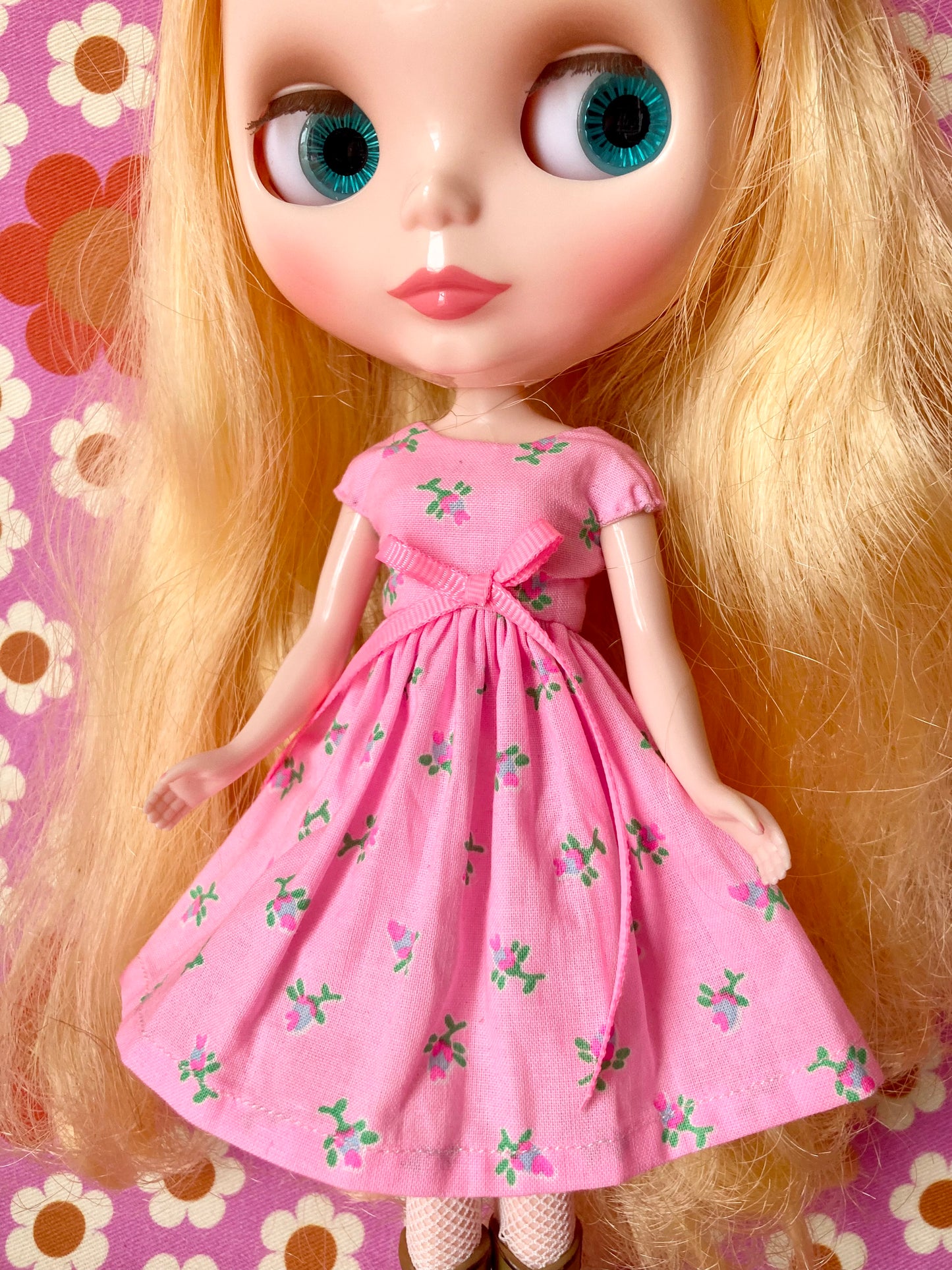 Pink Neon Rosebud Cap Sleeve Dress for Blythe Doll