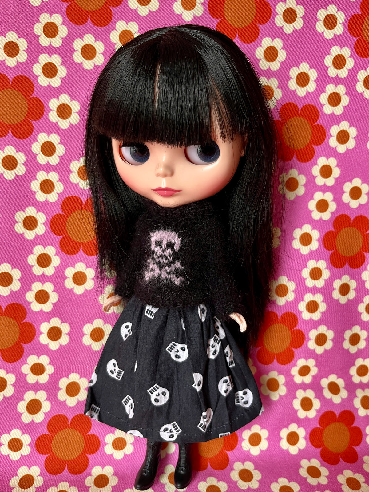 Halloween Fluffy Black Sweater Pink Skull