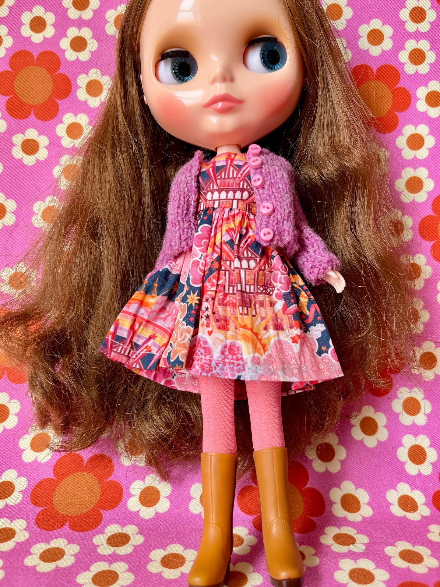 Pink Liberty Cap Sleeve Dress & Knitted Cardigan for Blythe Doll