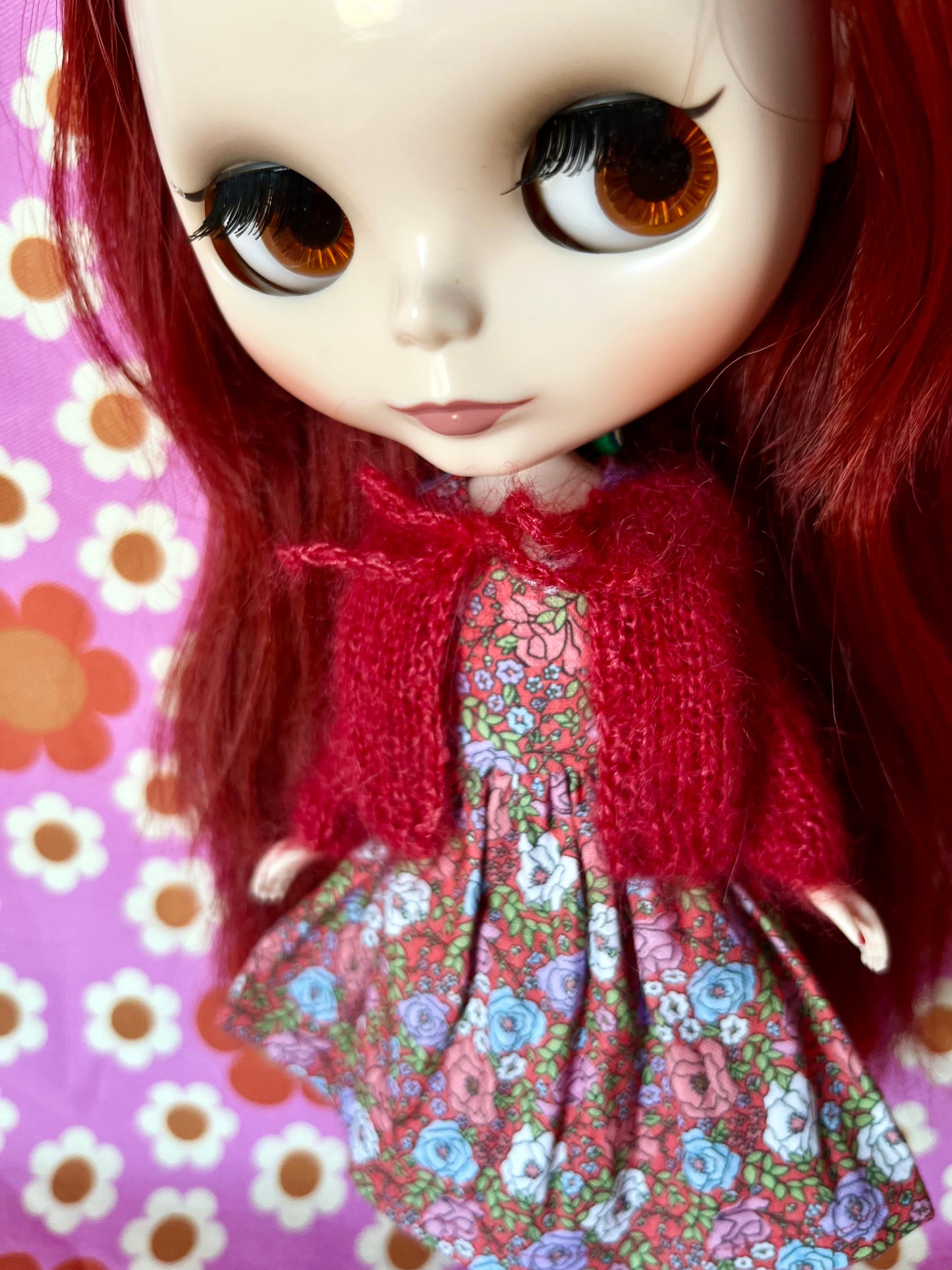 Red Ditsy Print Dress & Reversible Mohair Cardigan for Blythe Doll