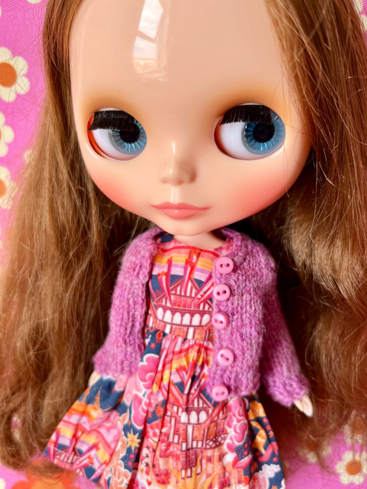 Pink Liberty Cap Sleeve Dress & Knitted Cardigan for Blythe Doll