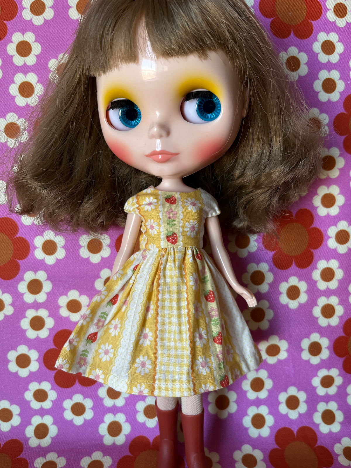 Yellow Strawberry Stripe Summer Cap Sleeve Dress for Blythe Doll