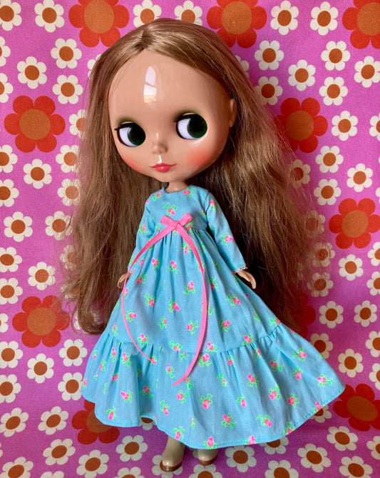 Blue Long Neon Rosebud Print Dress for Blythe Doll