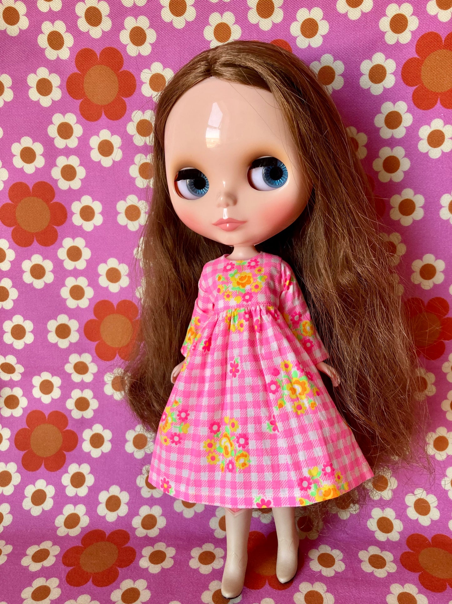 Pink Gingham Long Sleeve Dress for Blythe Doll