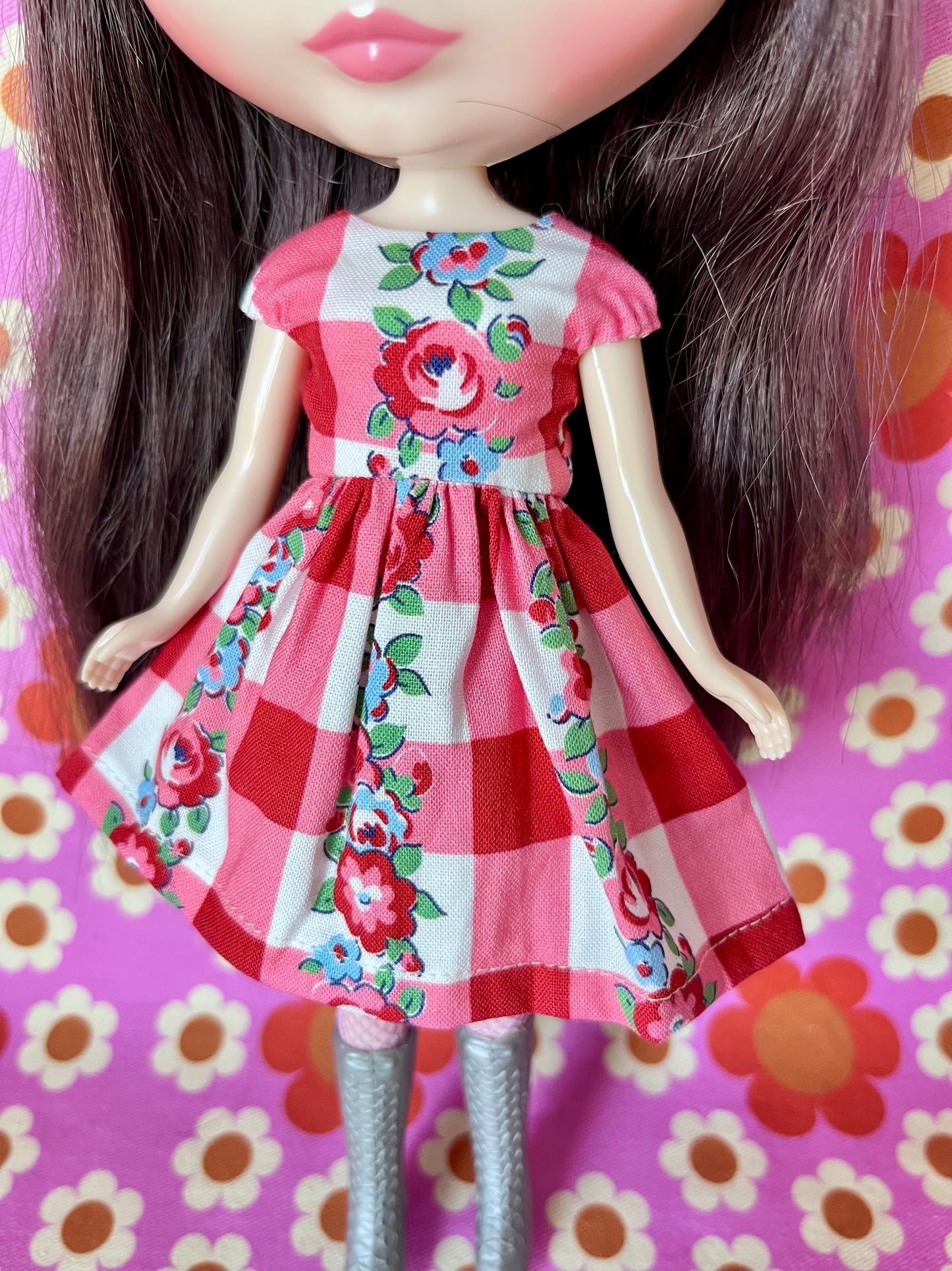 Gingham Floral Stripe Valentine Cap Sleeve Dress for Blythe Doll