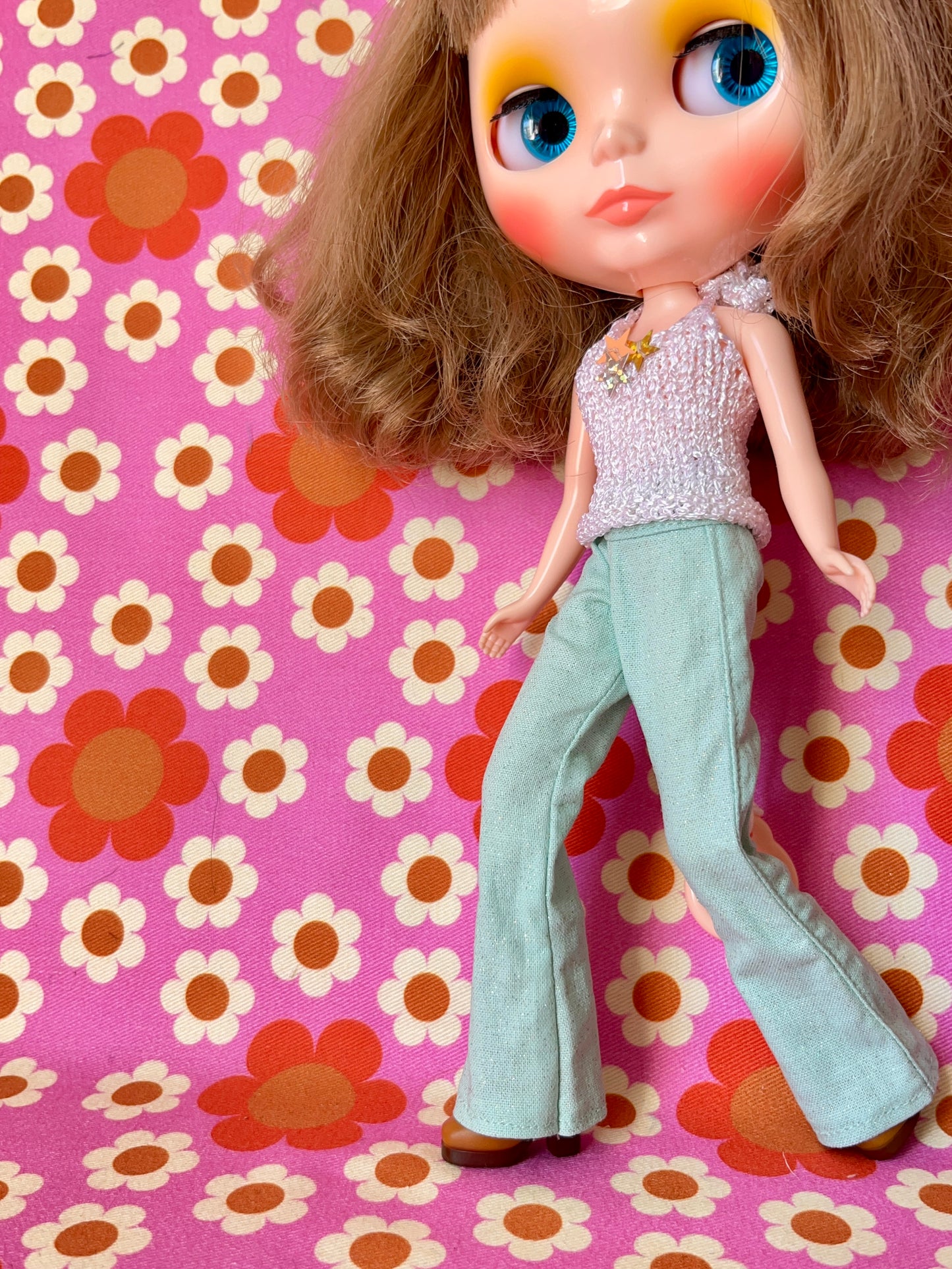 Mint Green Glitter Sparkle Flared Jeans Trousers for Blythe Doll Limited!