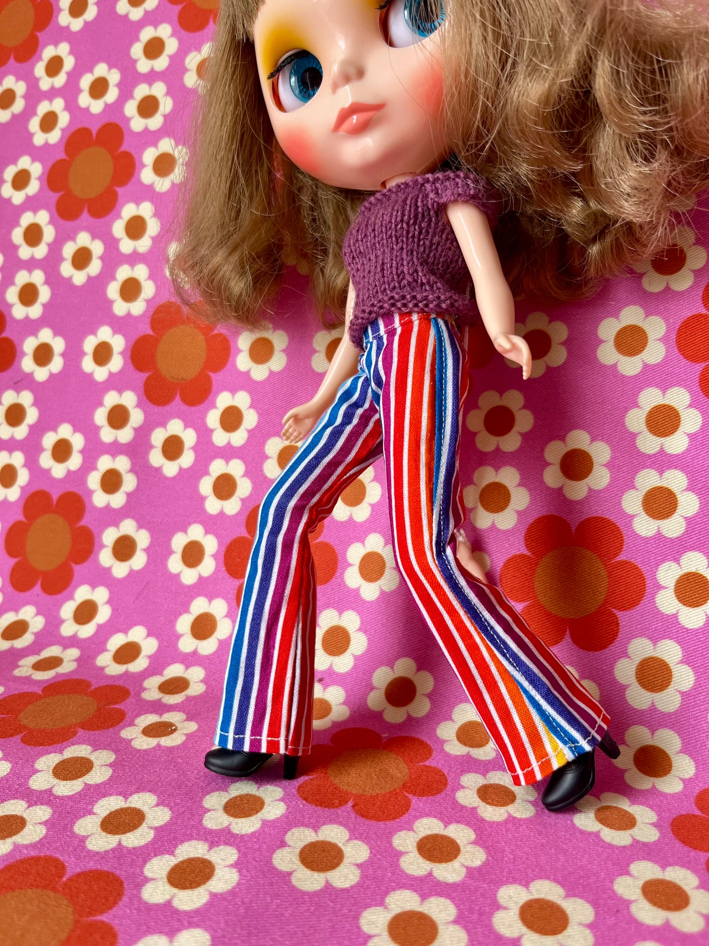 Rainbow Stripe Flared Trousers for Blythe Doll