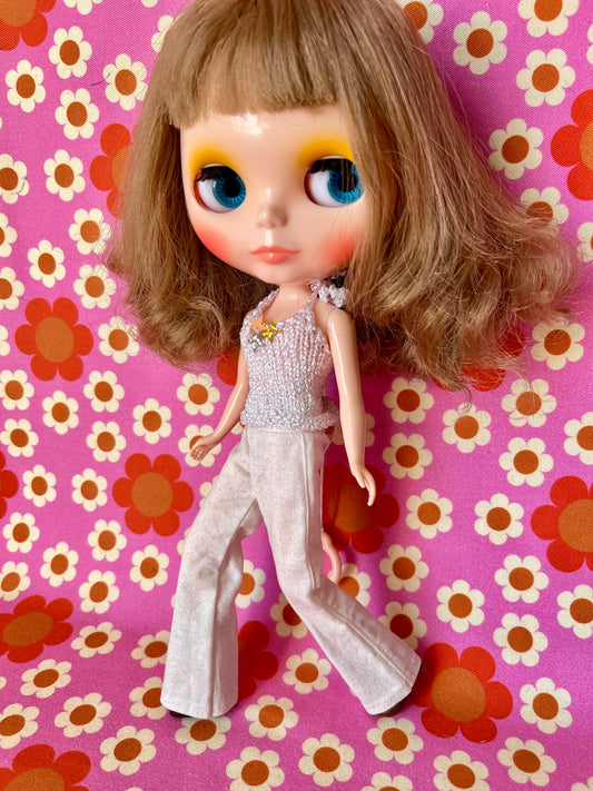 Cream Glitter Sparkle Flared Jeans Trousers for Blythe Doll Limited!