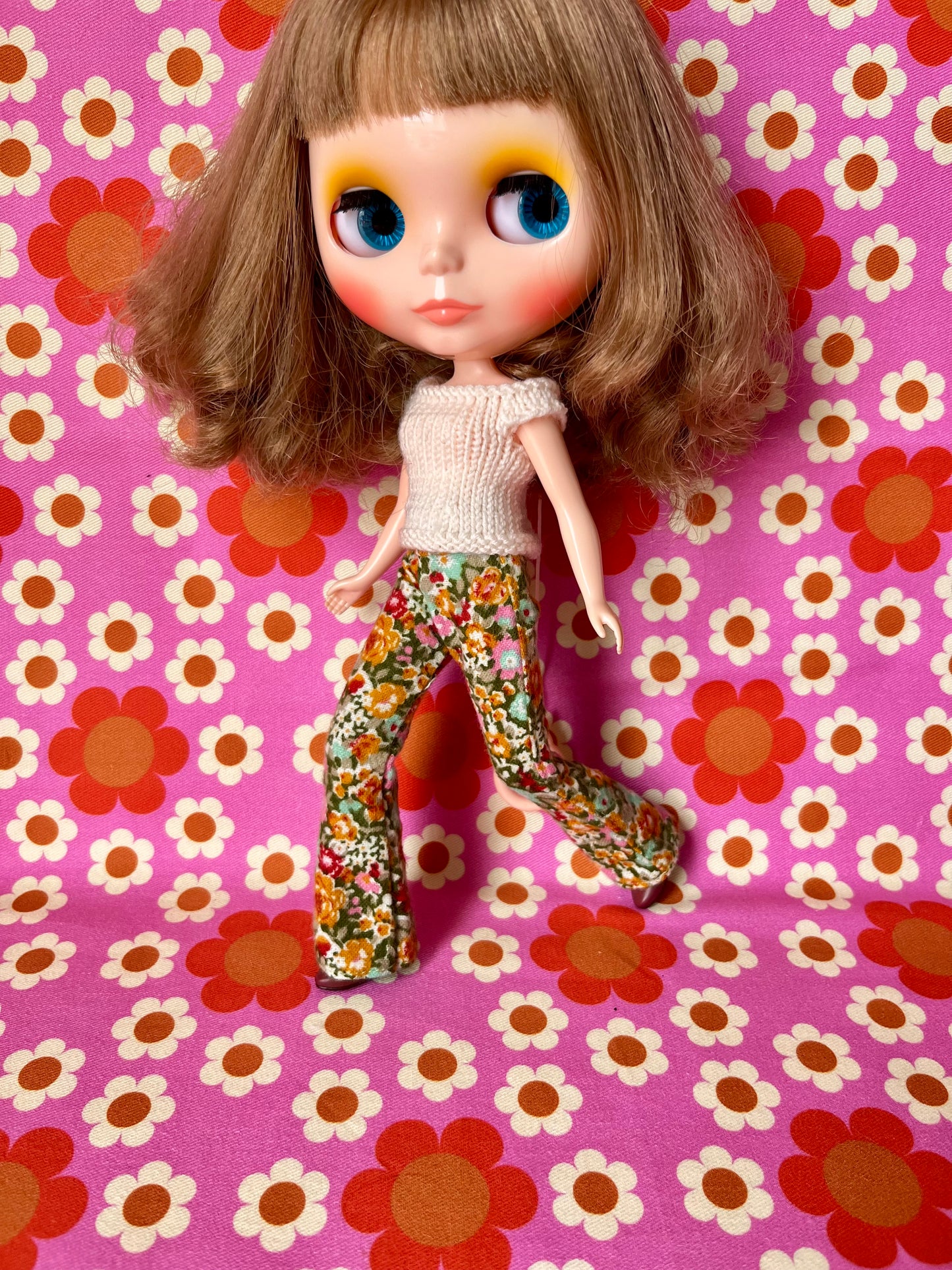 Green floral Flared Jeans Brushed Cotton Trousers for Blythe Doll