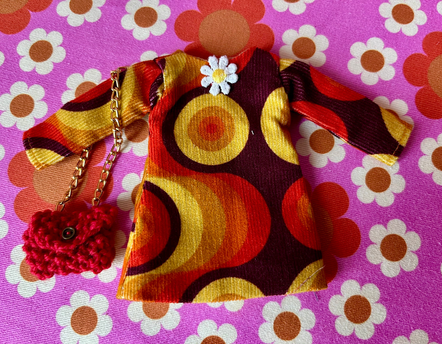 Seventies Corduroy Shift dress with sleeves & Bag which opens