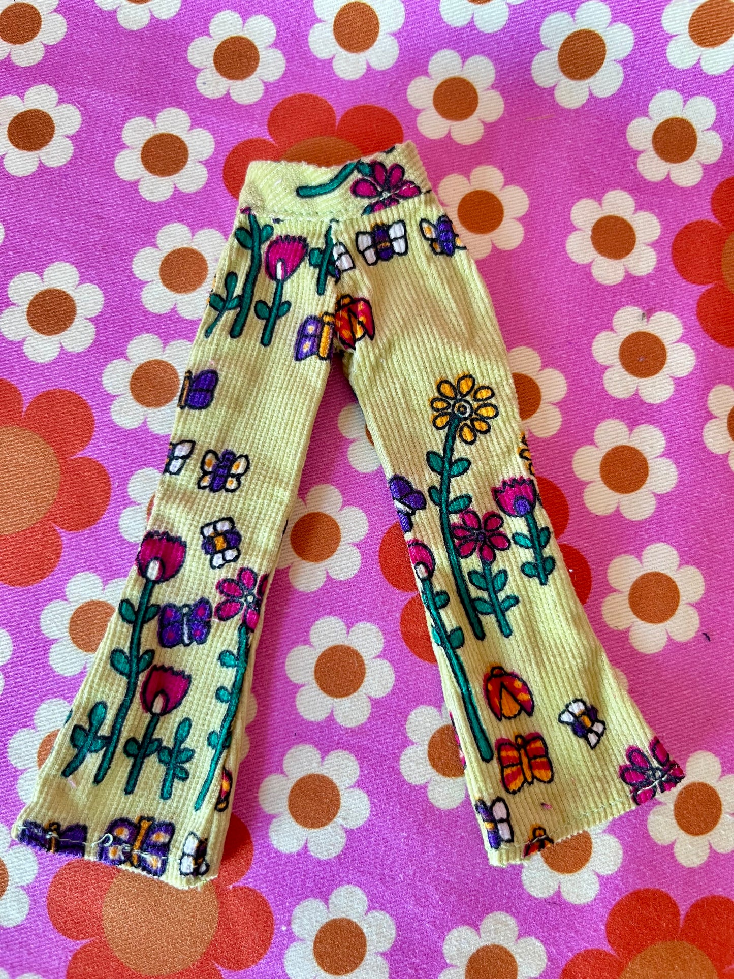 Cute Green Vintage Floral Flared Jeans Corduroy Trousers for Blythe Doll