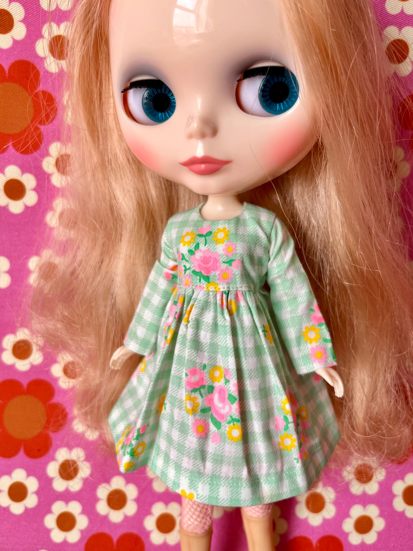 Green Gingham Long Sleeve Dress for Blythe Doll