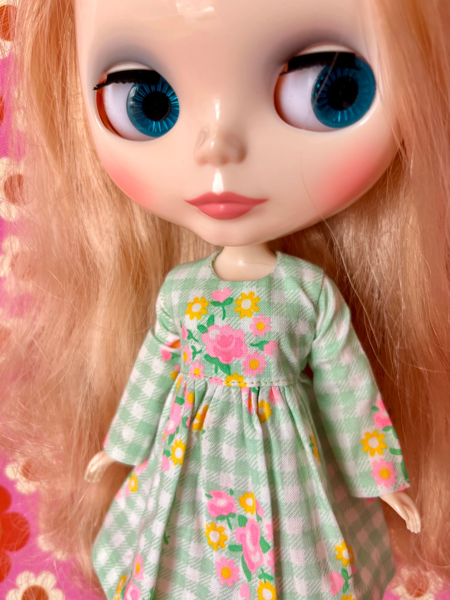 Green Gingham Long Sleeve Dress for Blythe Doll